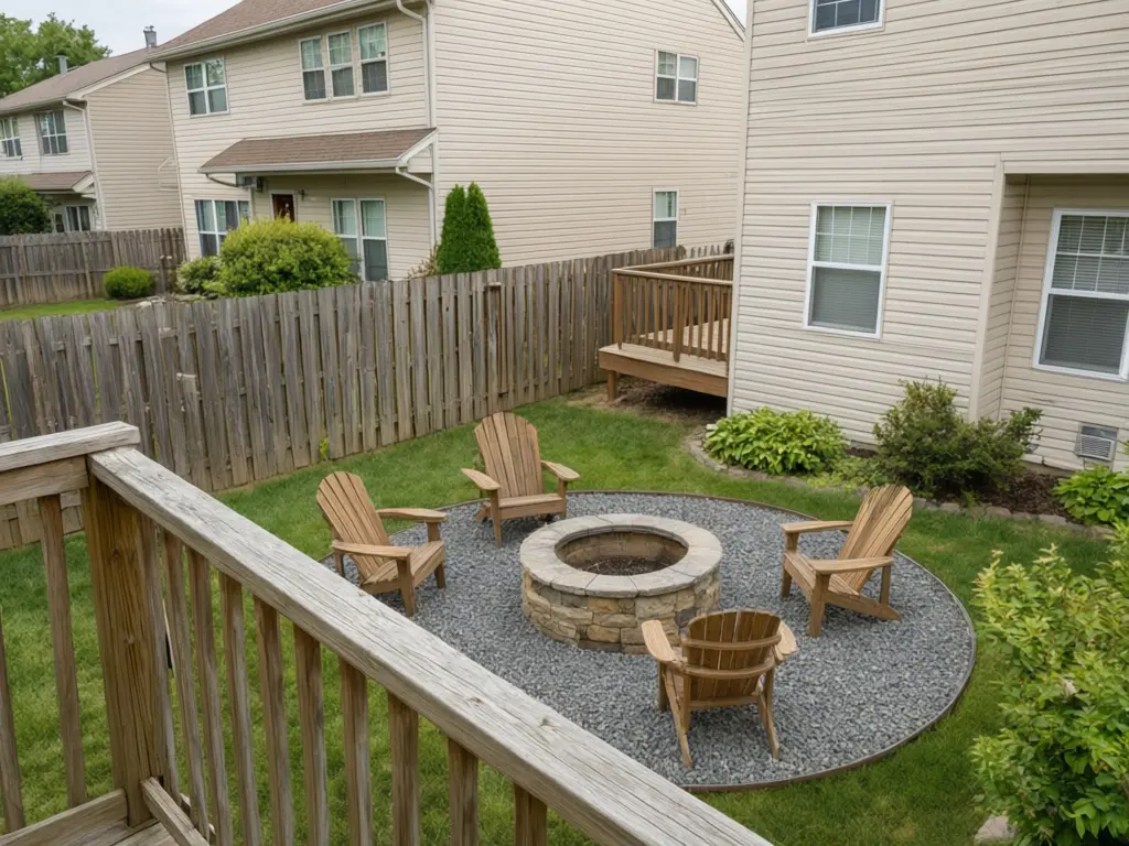 Fire pit visualizer result: round natural stone fire pit on a pea gravel circle with four Adirondack chairs in a fenced backyard after AI redesign