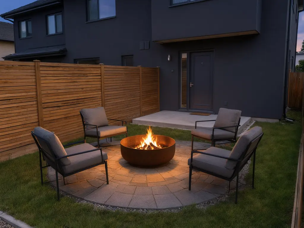 Fire pit visualizer result: Corten steel fire bowl burning at dusk on a round paver patio with four cushioned lounge chairs after AI redesign