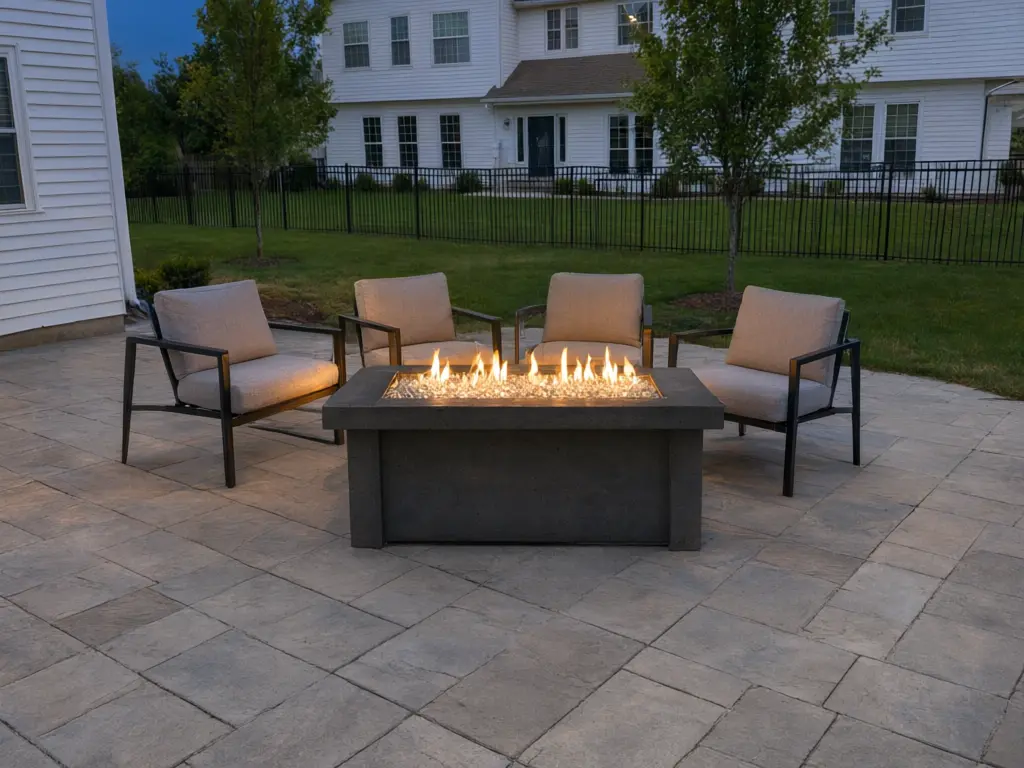 Gas fire table visualizer result: rectangular concrete gas fire table with fire glass lit at dusk on a paver patio with lounge chairs after AI redesign