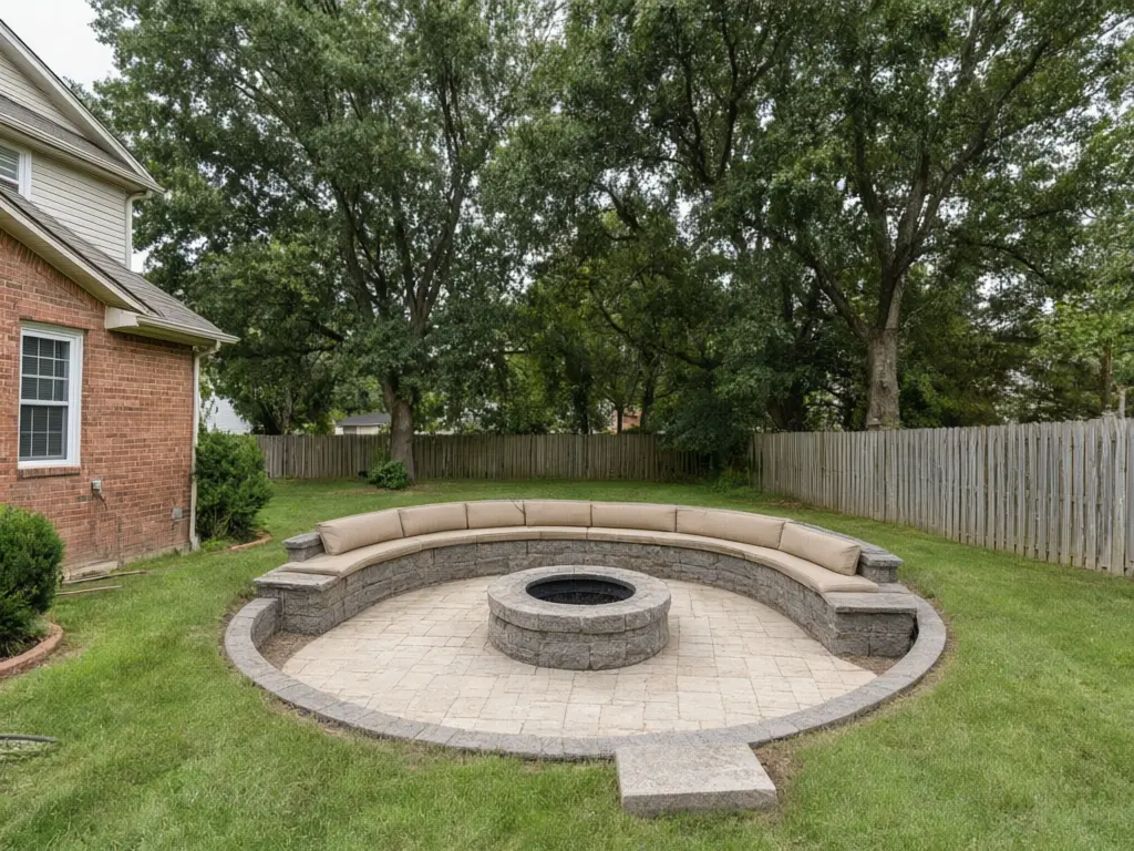 Sunken fire pit visualizer result: round sunken stone seating area with a cushioned curved bench and a stone fire pit in a backyard lawn after AI redesign