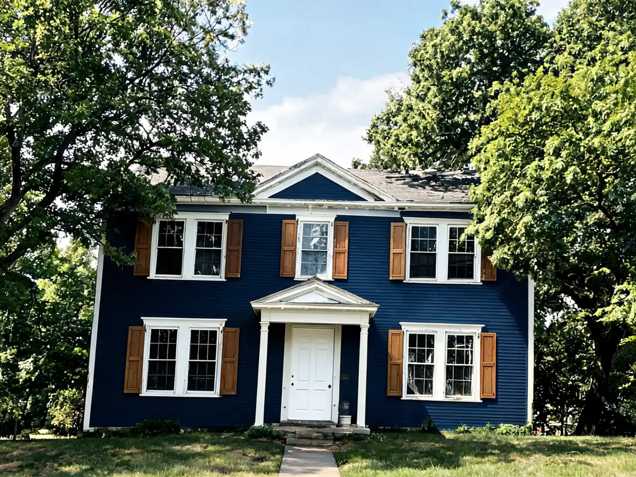 AI house painter: peeling yellow colonial repainted navy blue with white trim after AI redesign