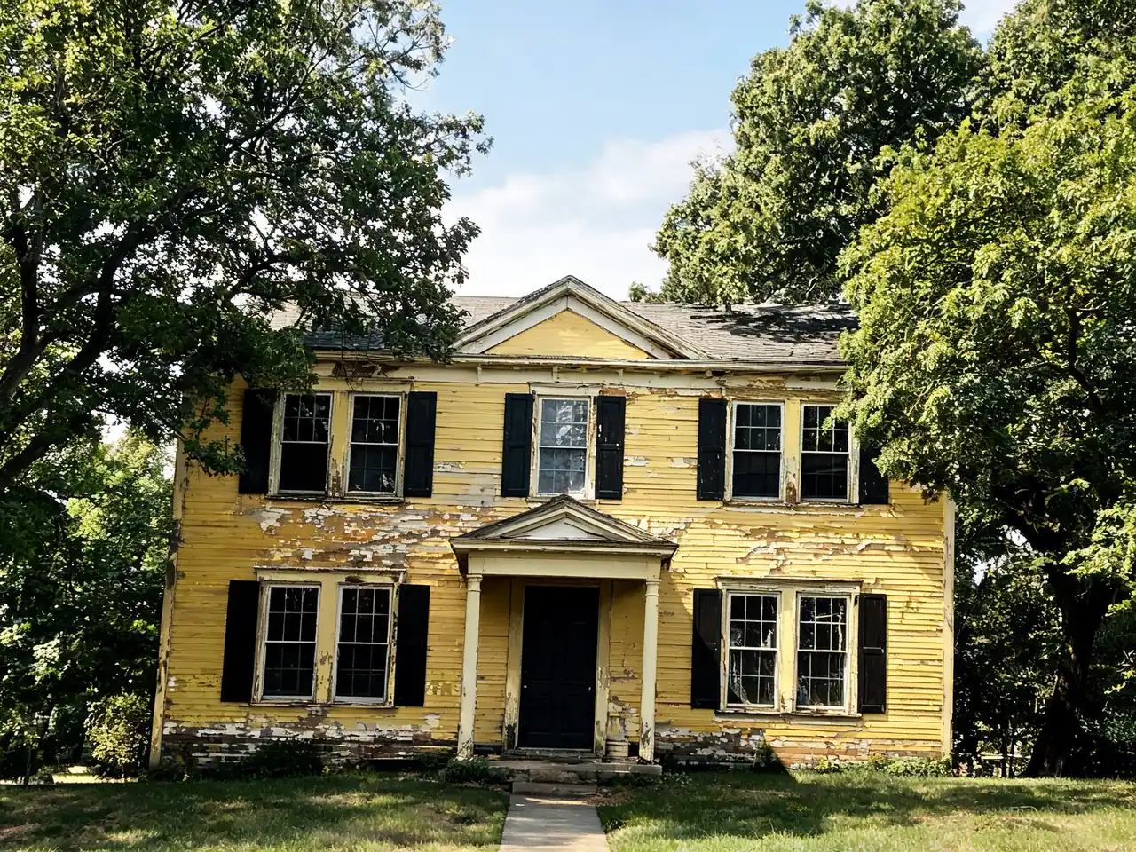 AI house painter: peeling yellow colonial repainted navy blue with white trim before AI redesign