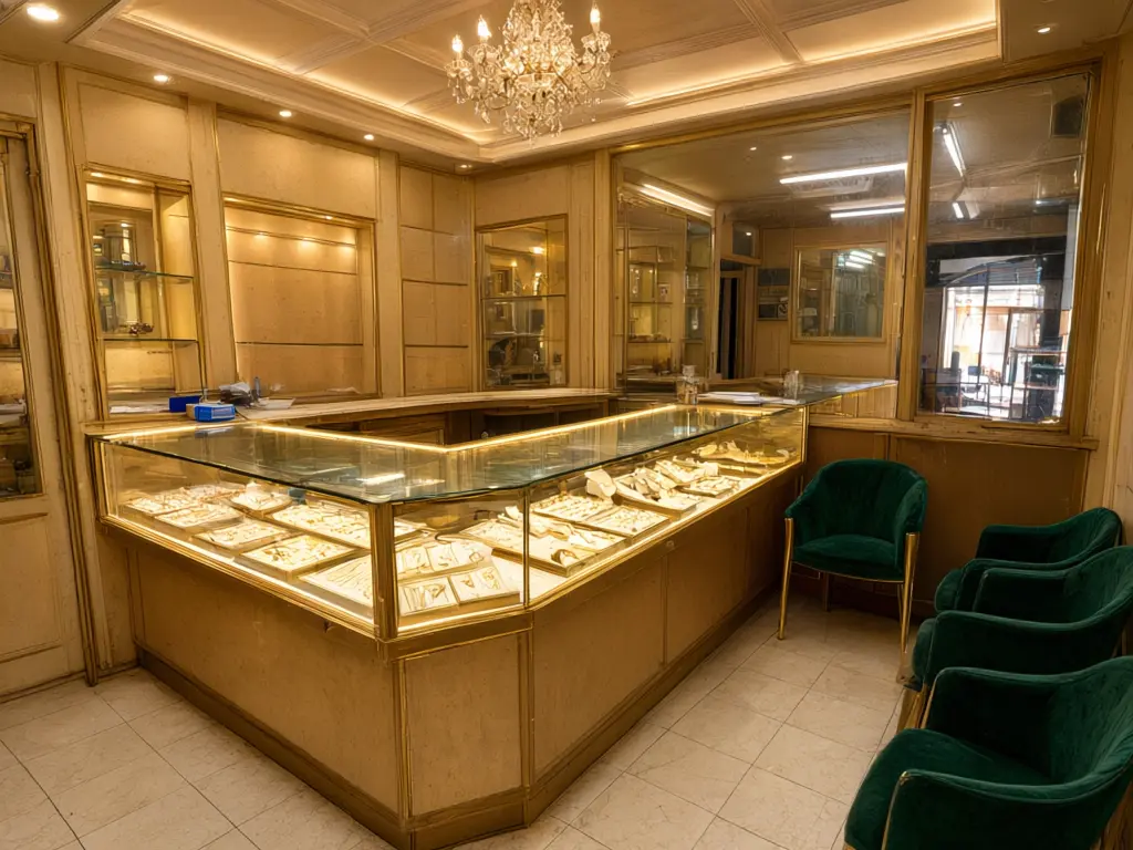 Jewellery shop interior design result: old gold shop with a wooden L-shaped counter refitted with gold panels, a coffered ceiling with a crystal chandelier, lit glass counters and green velvet chairs after AI redesign