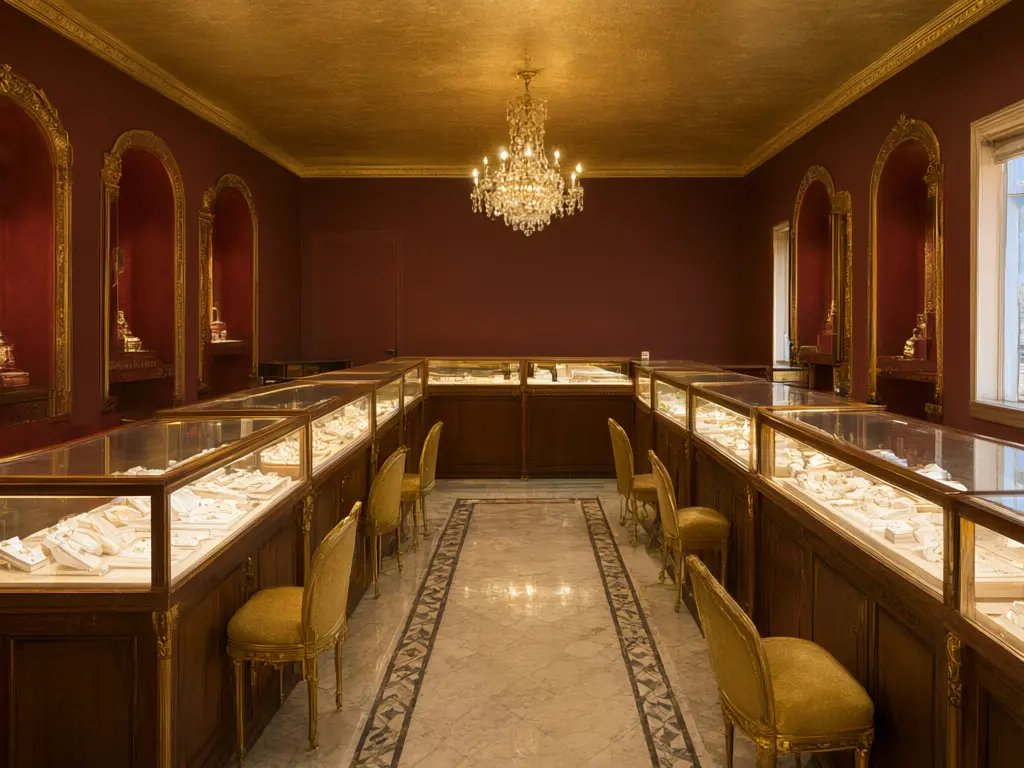Gold shop interior design result: plain jewellery showroom refitted with maroon walls and carved gold arch showcases, a gold leaf ceiling with a chandelier and a marble floor, counters kept after AI redesign