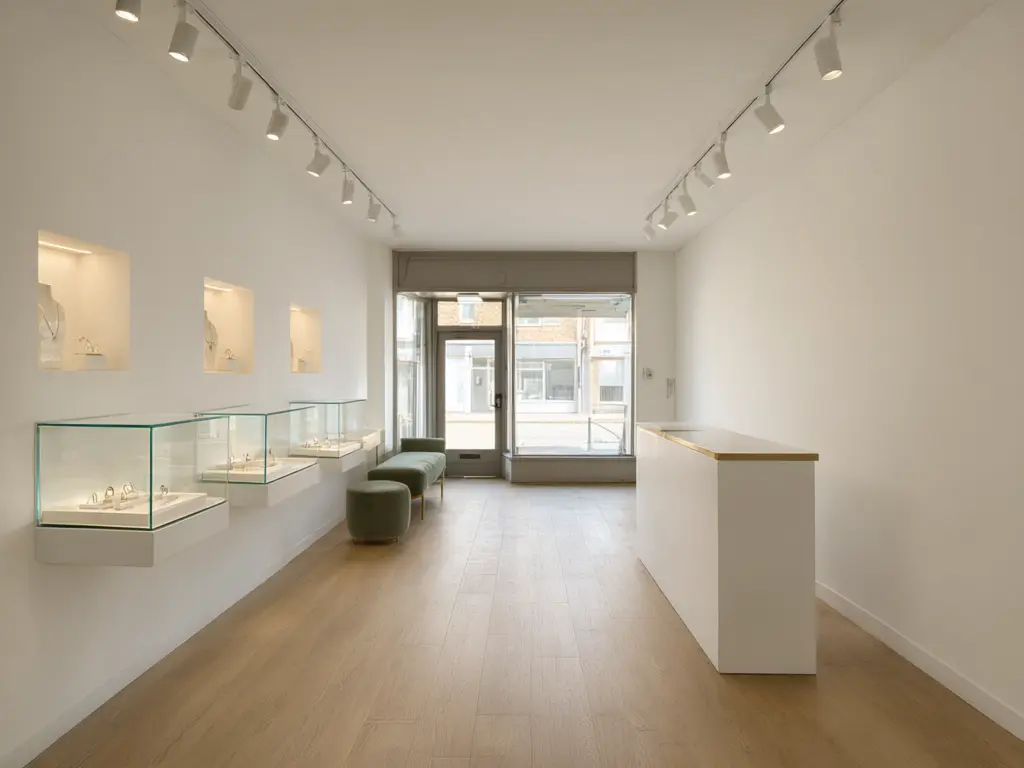 Jewellery store design visualizer result: empty retail unit turned into a modern minimal jewellery boutique with lit wall niches, slim glass showcases, an oak floor and track spotlights after AI redesign