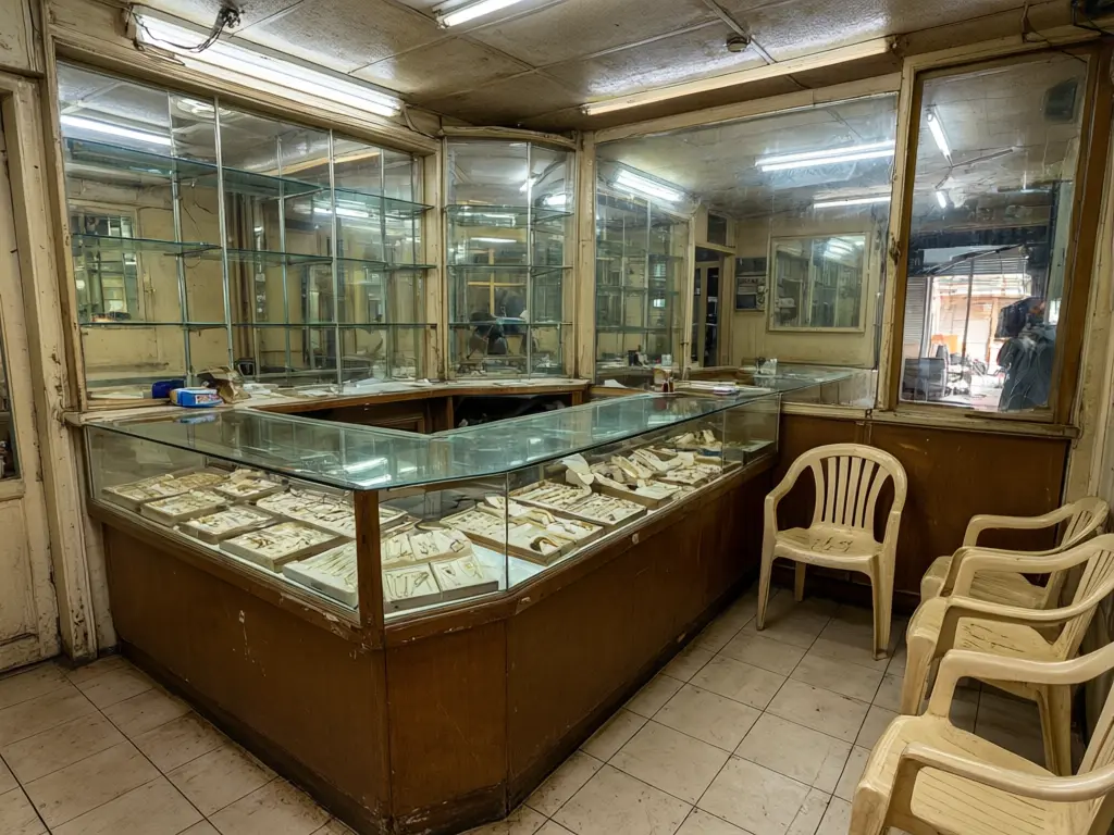 Jewellery shop interior design result: old gold shop with a wooden L-shaped counter refitted with gold panels, a coffered ceiling with a crystal chandelier, lit glass counters and green velvet chairs before AI redesign