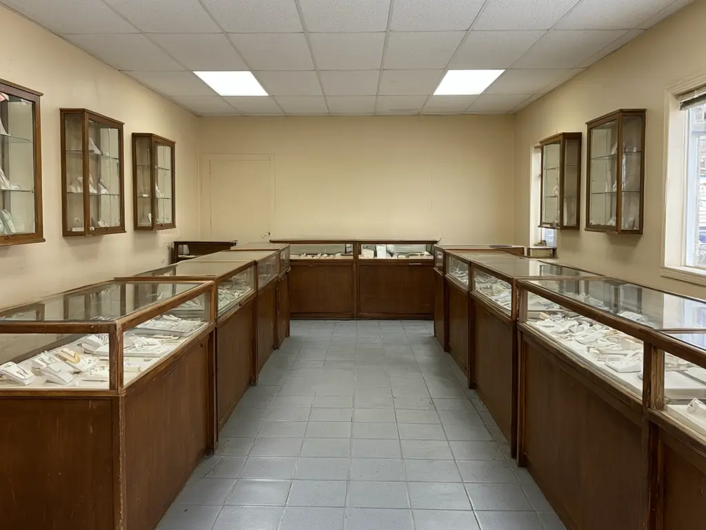 Gold shop interior design result: plain jewellery showroom refitted with maroon walls and carved gold arch showcases, a gold leaf ceiling with a chandelier and a marble floor, counters kept before AI redesign
