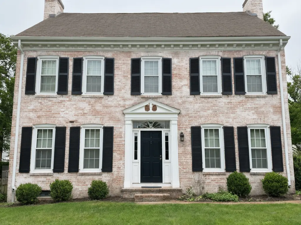 Limewash visualizer result: red brick house exterior with a medium chalky white limewash, some brick showing through after AI redesign