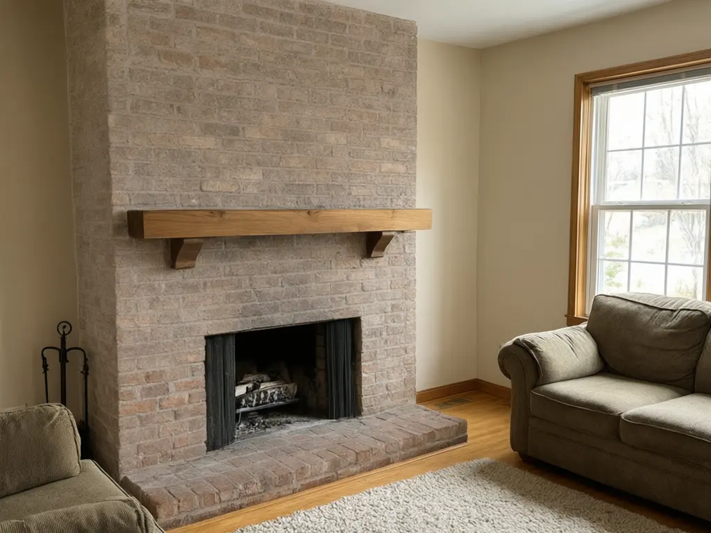 Limewash fireplace visualizer result: brick fireplace with a heavy soft greige limewash, mantel kept as it was after AI redesign