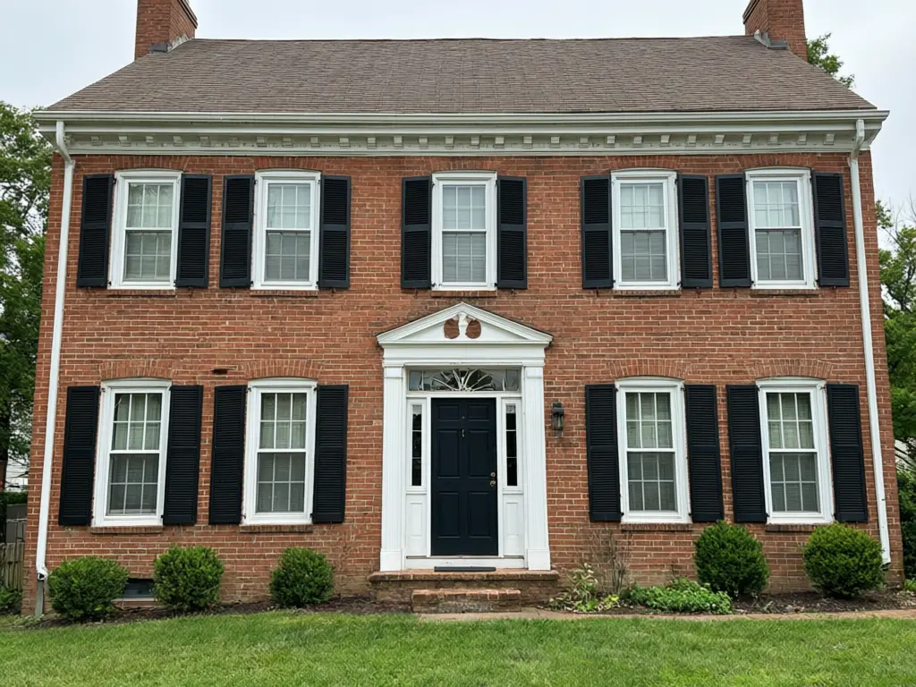 Limewash visualizer result: red brick house exterior with a medium chalky white limewash, some brick showing through before AI redesign