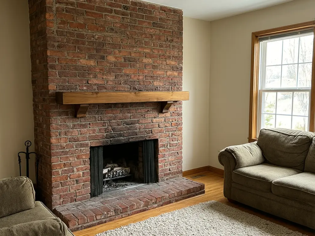 Limewash fireplace visualizer result: brick fireplace with a heavy soft greige limewash, mantel kept as it was before AI redesign