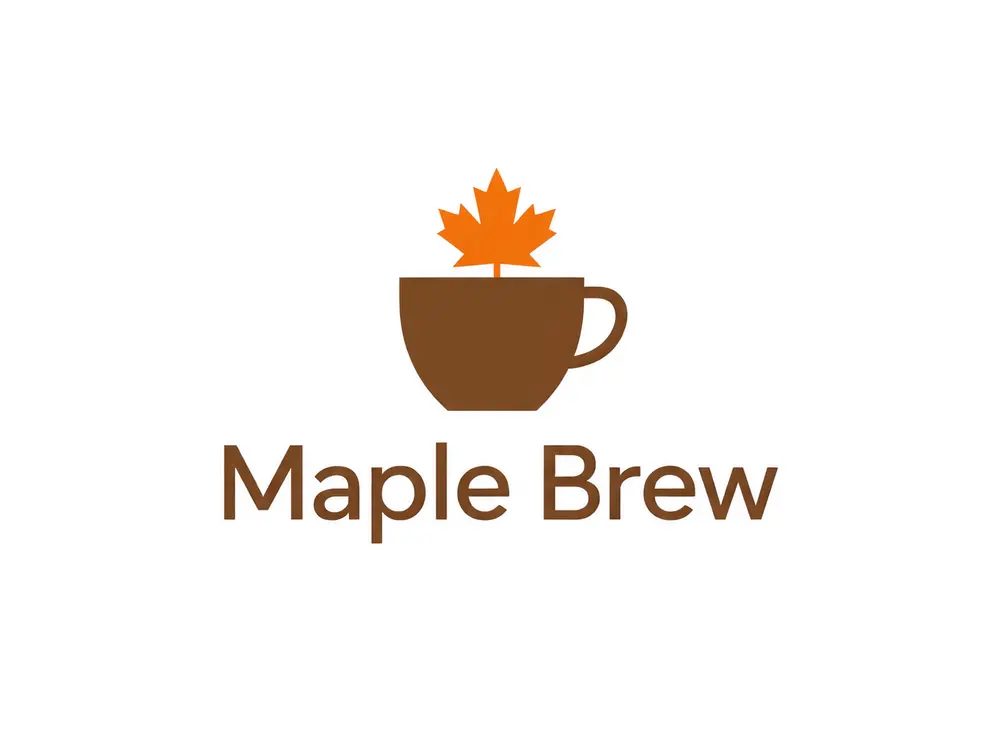 AI logo for a coffee shop named Maple Brew, with a maple leaf above a coffee cup after AI redesign