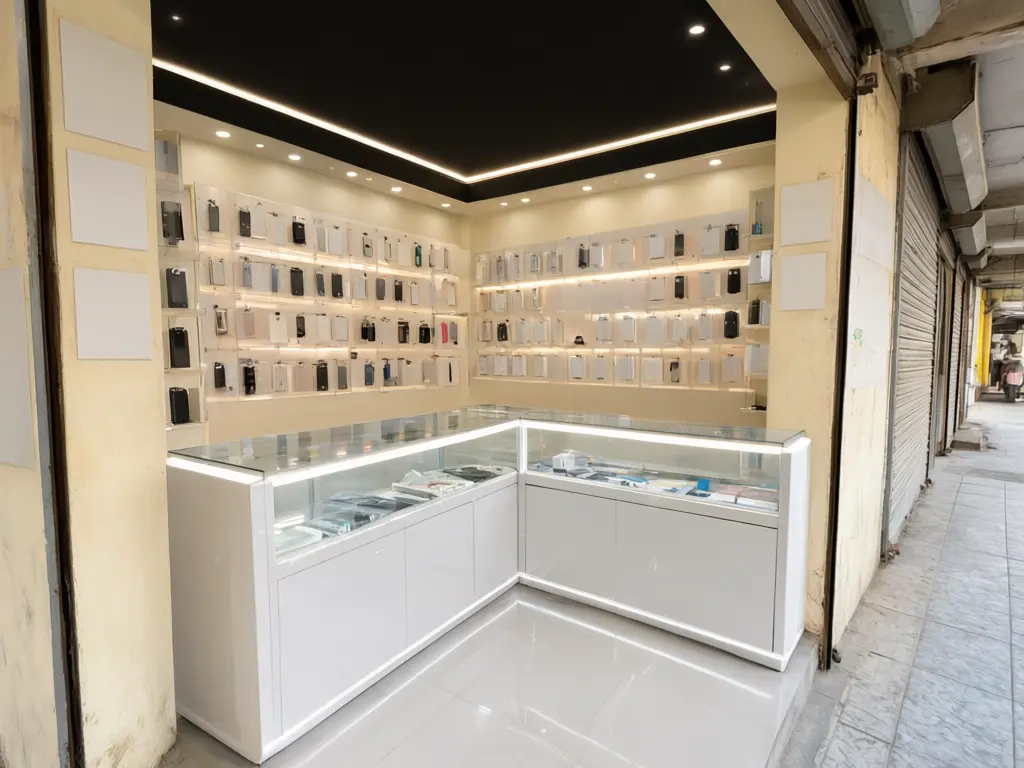 Mobile shop interior design result: small phone shop with old brown wood counters refitted with white gloss glass counters with LED edges, a black false ceiling with cove light and spotlights, a lit accessory wall and a white tile floor, same shop layout after AI redesign
