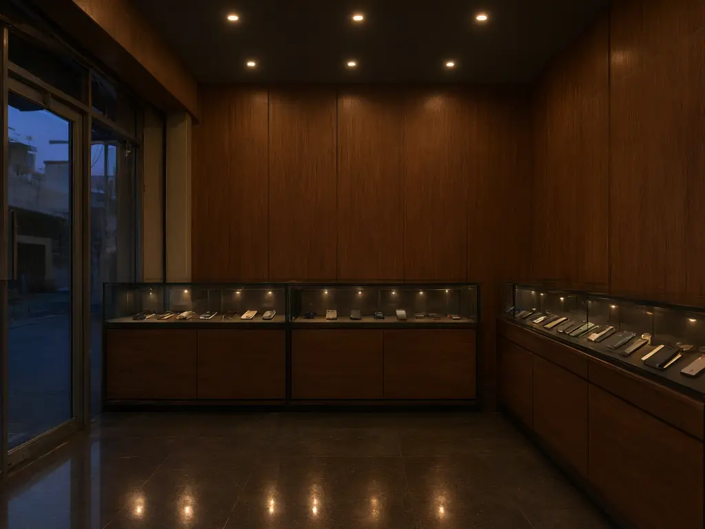 Phone shop redesign result: plain cream walled shop with an old wooden counter turned into a premium dark walnut panelled shop with black glass showcases, warm spotlights, a dark ceiling and a polished dark floor, same glass shop front after AI redesign