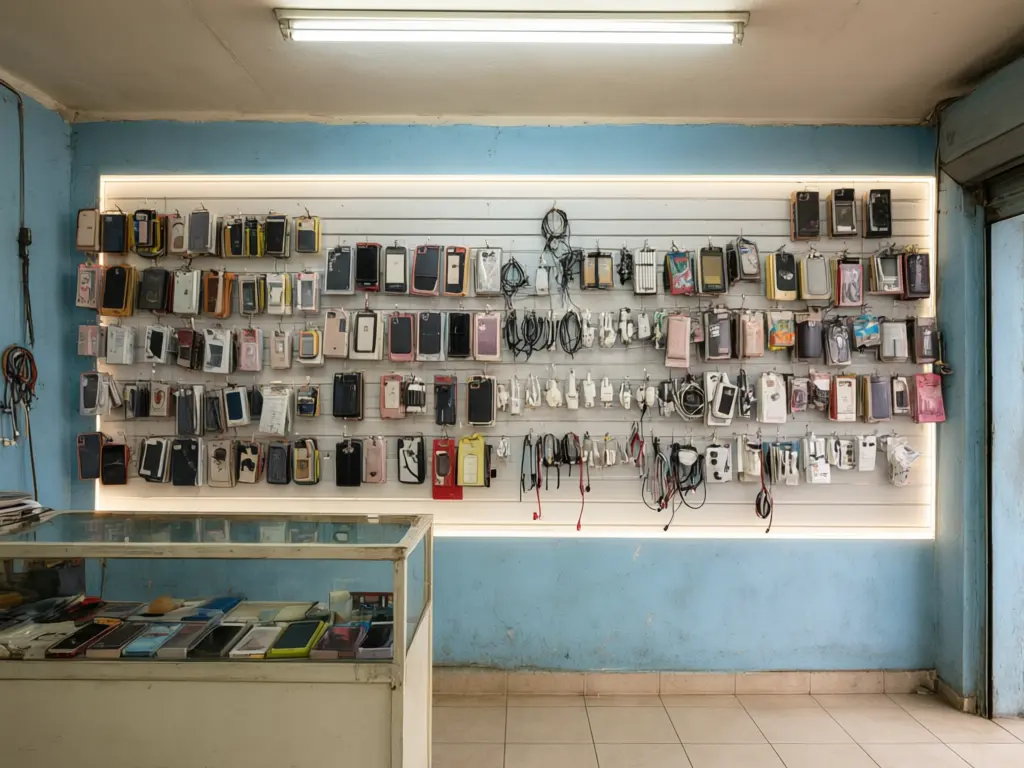 Mobile accessories wall design result: wall of hanging phone cases and chargers on a faded blue wall rebuilt as a white backlit slatwall with hooks, same counter and ceiling after AI redesign