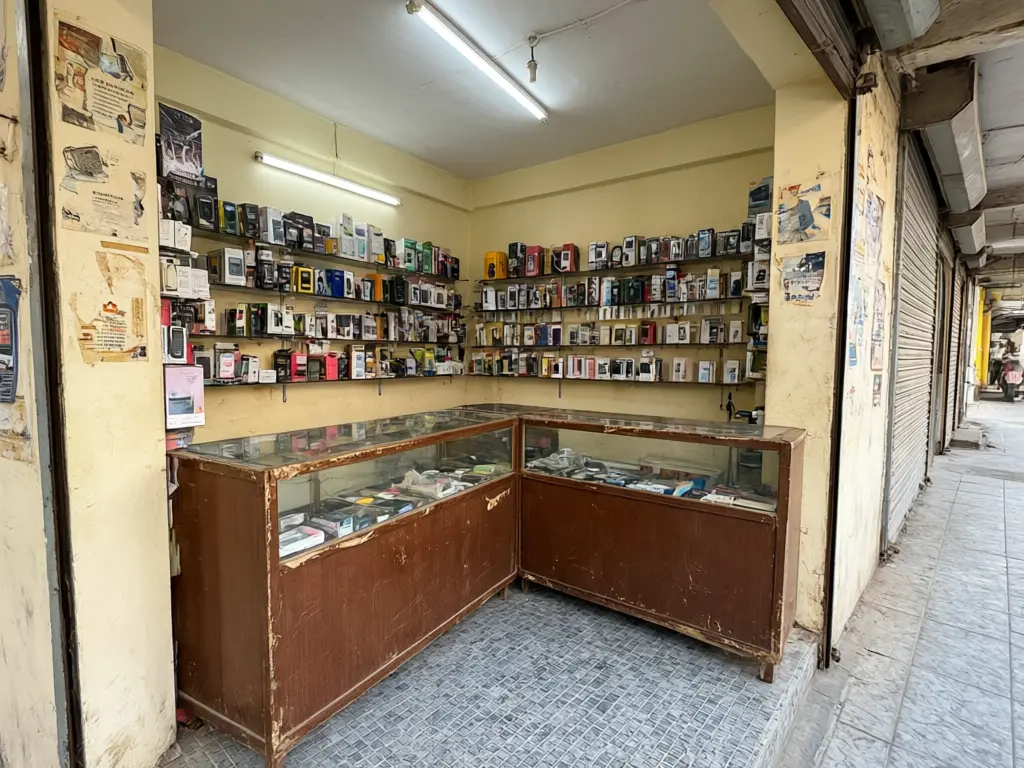 Mobile shop interior design result: small phone shop with old brown wood counters refitted with white gloss glass counters with LED edges, a black false ceiling with cove light and spotlights, a lit accessory wall and a white tile floor, same shop layout before AI redesign
