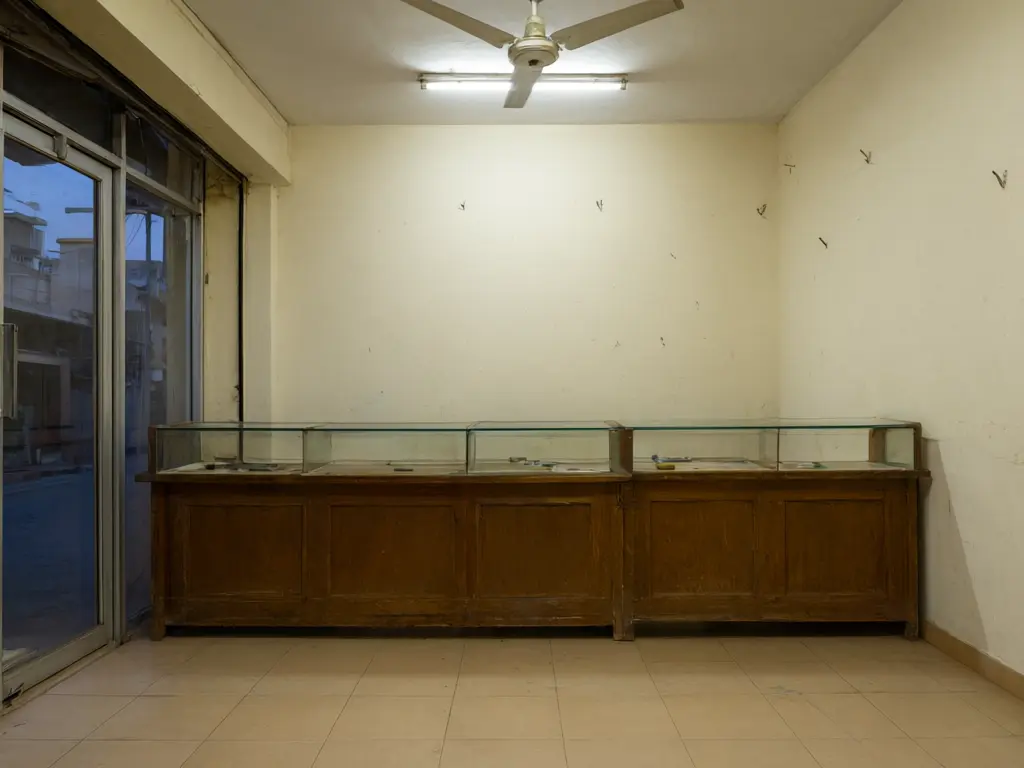 Phone shop redesign result: plain cream walled shop with an old wooden counter turned into a premium dark walnut panelled shop with black glass showcases, warm spotlights, a dark ceiling and a polished dark floor, same glass shop front before AI redesign