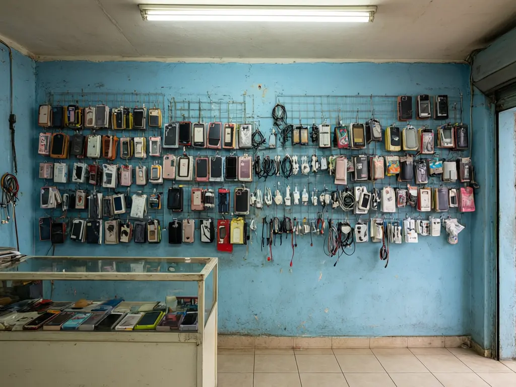 Mobile accessories wall design result: wall of hanging phone cases and chargers on a faded blue wall rebuilt as a white backlit slatwall with hooks, same counter and ceiling before AI redesign