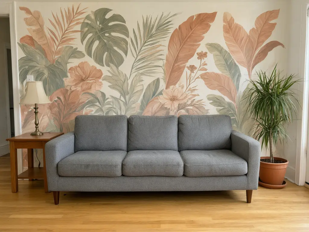Mural visualizer result: plain living room wall hand-painted with a large tropical leaf and flower mural in terracotta, sand, sage and cream after AI redesign