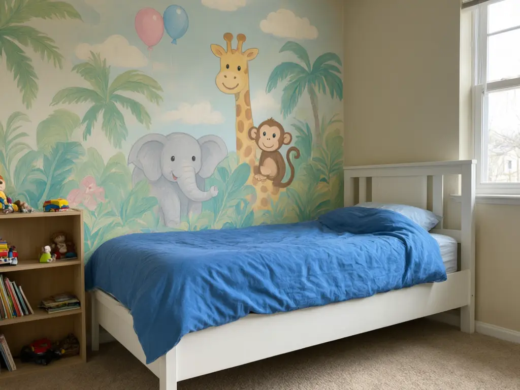 Kids room mural visualizer result: bedroom wall behind the bed painted with a pastel jungle mural of an elephant, giraffe, monkey and balloons after AI redesign