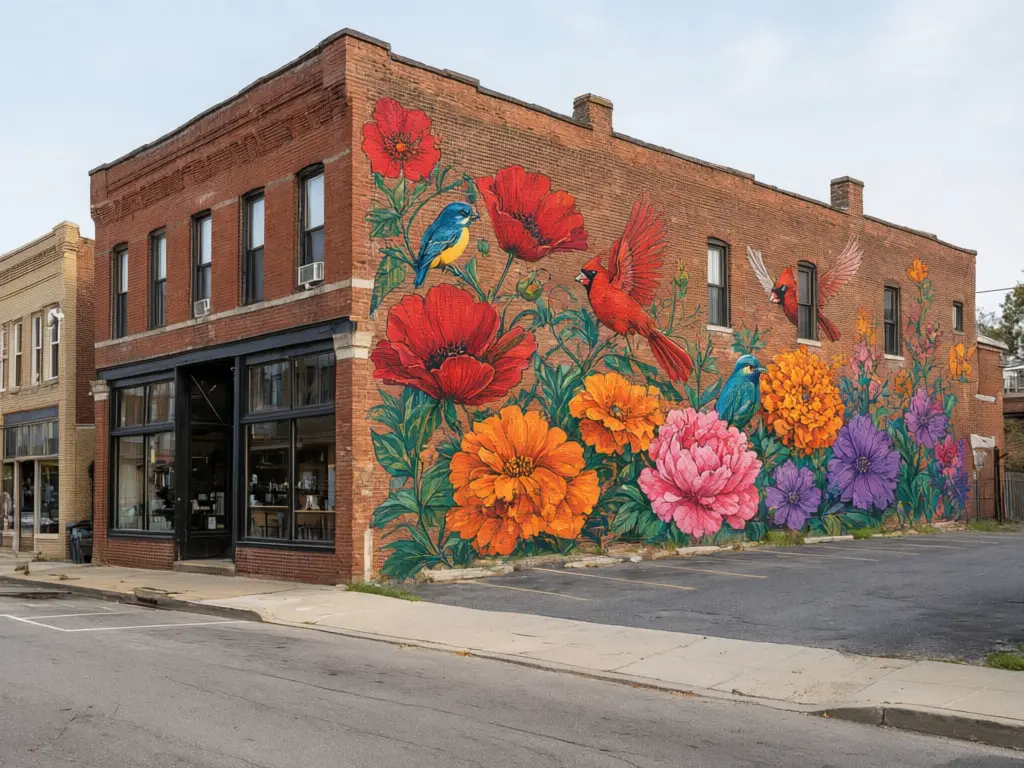 Building mural visualizer result: blank brick side wall of a shop painted with a large bright mural of flowers and birds after AI redesign