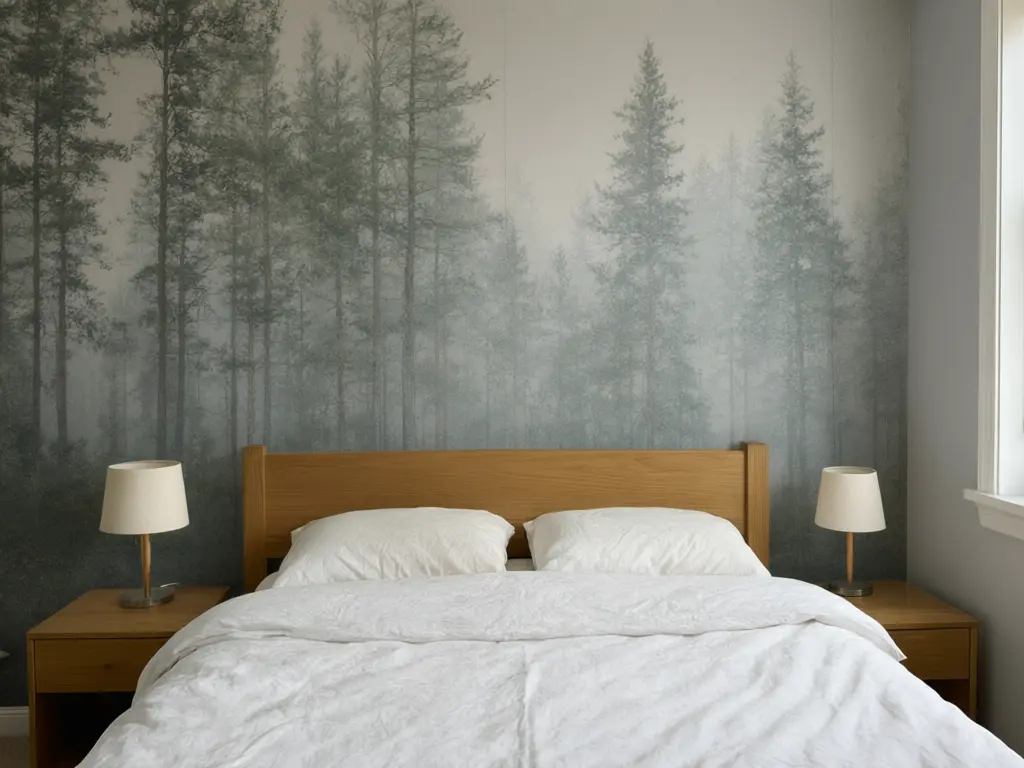 Wallpaper mural visualizer result: bedroom wall behind the bed covered in a misty pine forest wallpaper mural after AI redesign