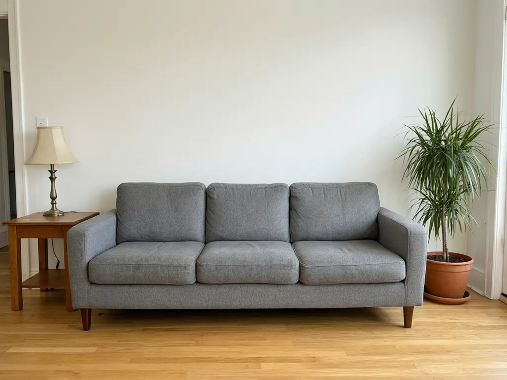 Mural visualizer result: plain living room wall hand-painted with a large tropical leaf and flower mural in terracotta, sand, sage and cream before AI redesign