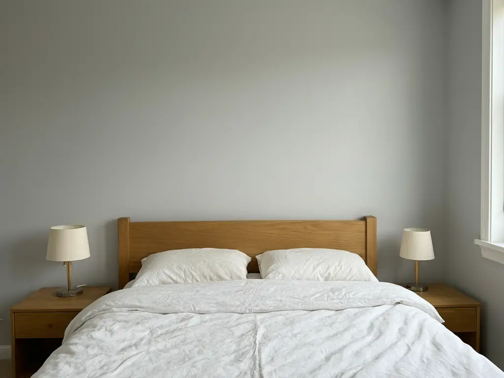 Wallpaper mural visualizer result: bedroom wall behind the bed covered in a misty pine forest wallpaper mural before AI redesign
