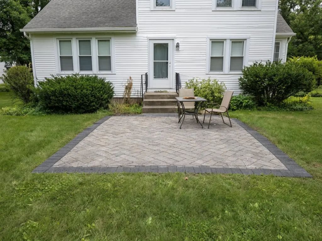 Paver visualizer result: existing patio resurfaced with light gray interlocking concrete pavers in a herringbone pattern with a charcoal soldier-course border after AI redesign