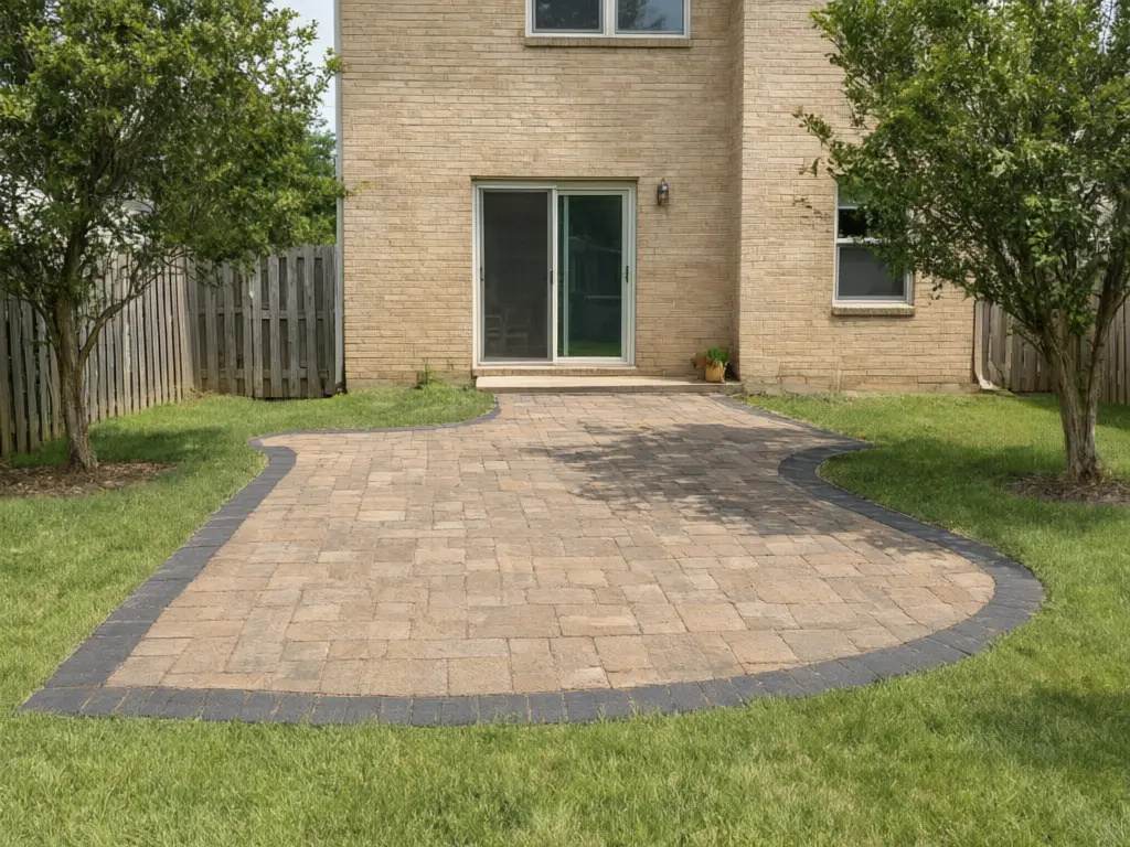 Paver patio visualizer result: new curved patio on the lawn next to the house in tan and sand ashlar pavers with a charcoal border after AI redesign