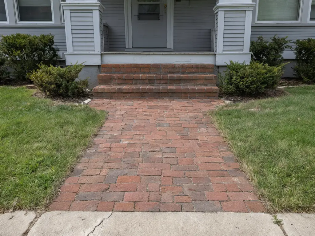Walkway paver visualizer result: cracked concrete front walkway and steps replaced with red clay brick pavers in a running bond pattern after AI redesign