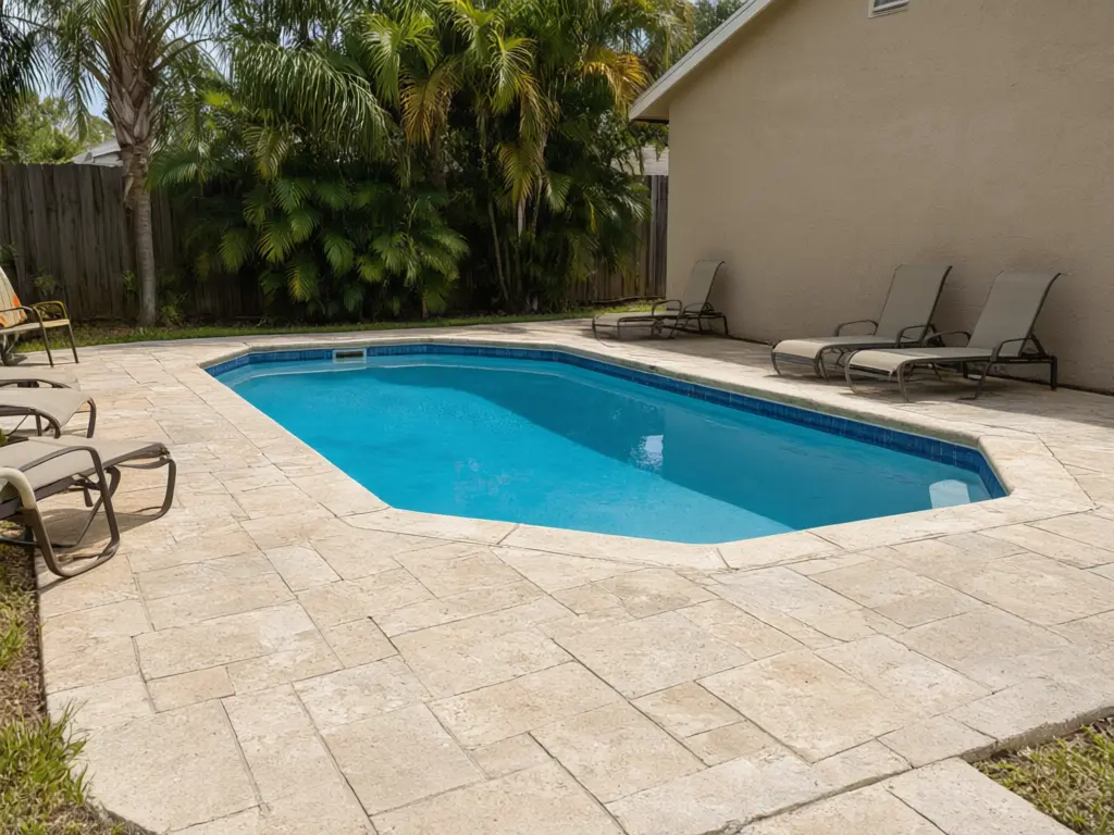 Pool deck paver visualizer result: stained concrete pool deck replaced with light beige tumbled travertine pavers in a French pattern after AI redesign