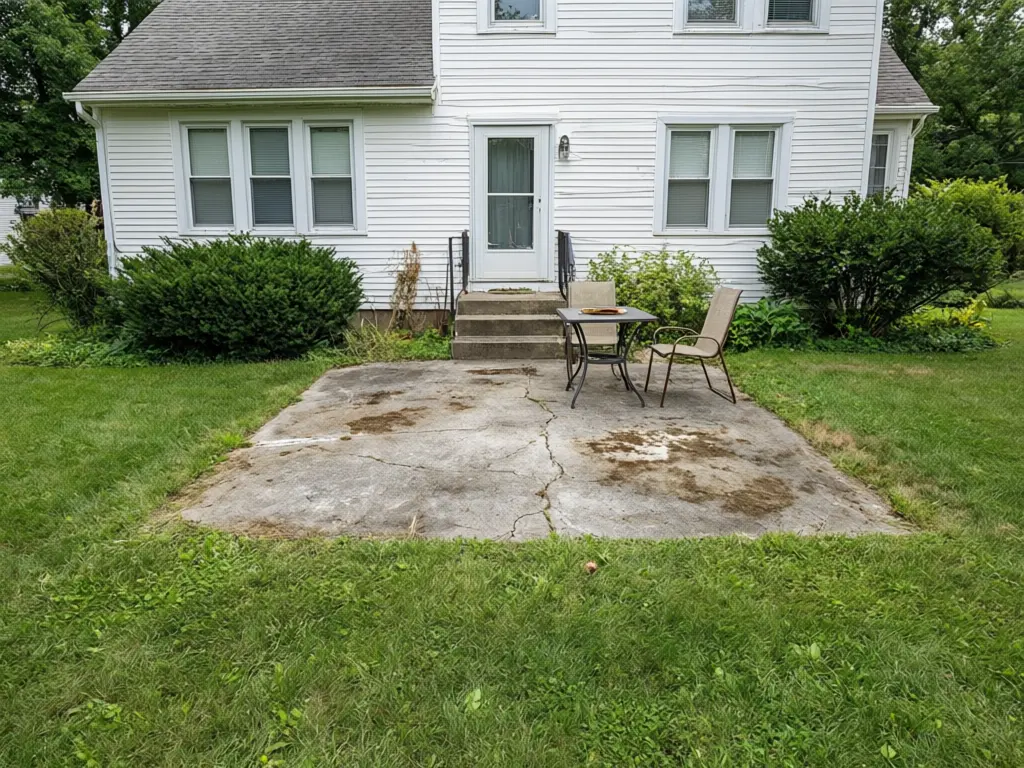 Paver visualizer result: existing patio resurfaced with light gray interlocking concrete pavers in a herringbone pattern with a charcoal soldier-course border before AI redesign