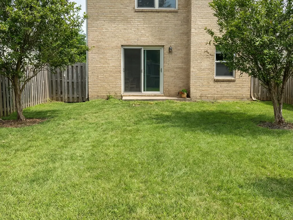 Paver patio visualizer result: new curved patio on the lawn next to the house in tan and sand ashlar pavers with a charcoal border before AI redesign