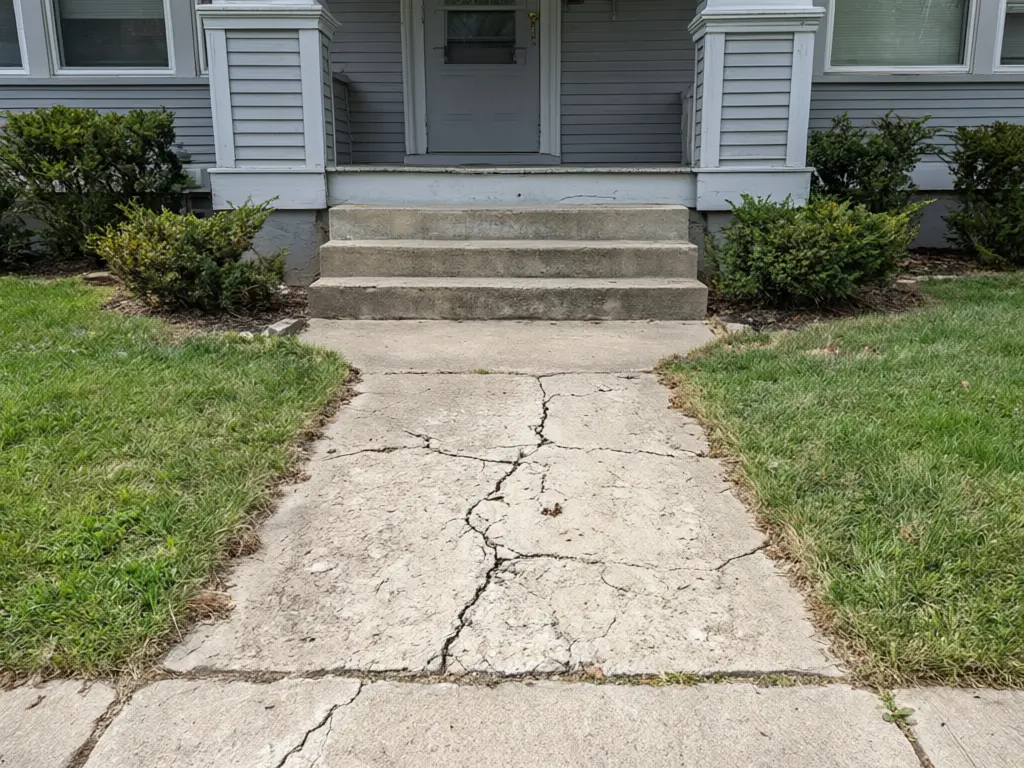 Walkway paver visualizer result: cracked concrete front walkway and steps replaced with red clay brick pavers in a running bond pattern before AI redesign