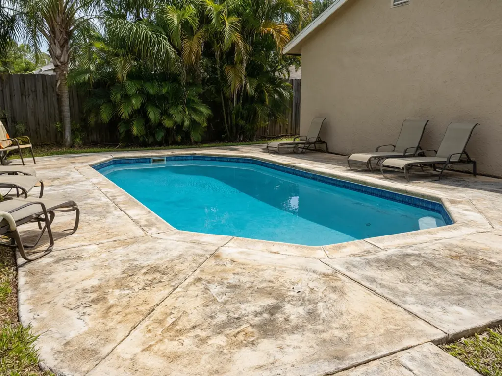 Pool deck paver visualizer result: stained concrete pool deck replaced with light beige tumbled travertine pavers in a French pattern before AI redesign