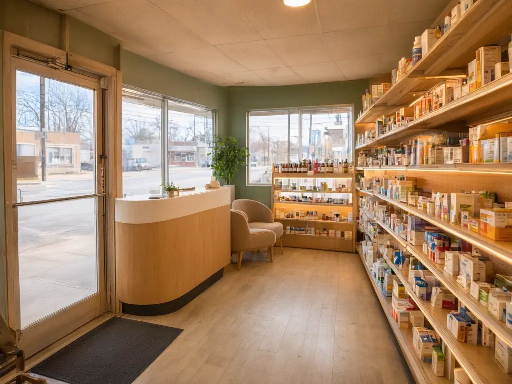 Pharmacy interior design result: dated corner drugstore refitted with light oak shelving with warm LED strips, sage green walls, a curved oak counter and a small seating corner, windows and door kept after AI redesign