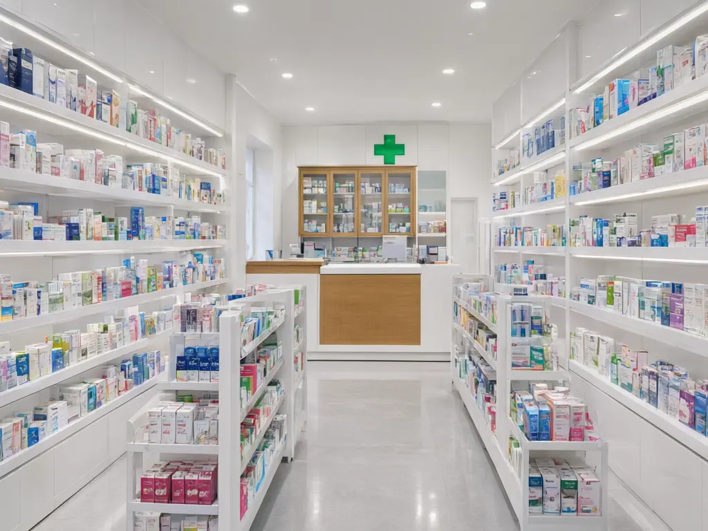 Pharmacy refit visualizer result: narrow chemist shop with wire racks refitted with glossy white LED lit shelving, a grey polished floor, a white and oak counter and a green cross sign after AI redesign