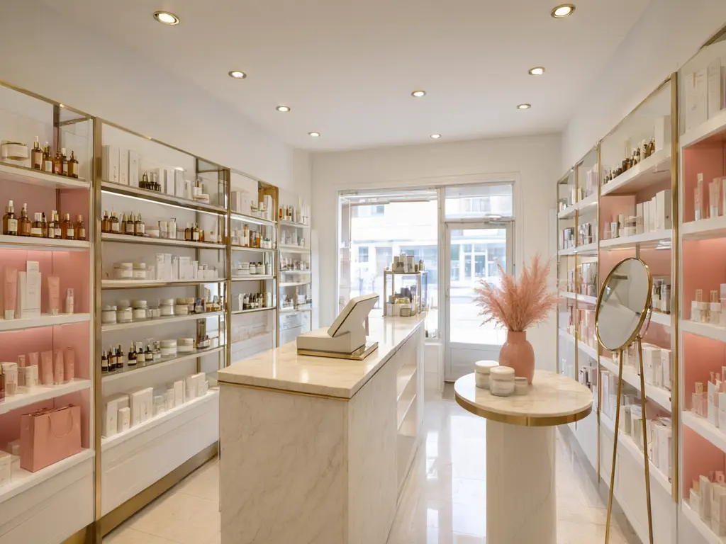Pharmacy and skincare store design result: plain pharmacy with metal racks refitted with white and blush pink backlit shelving with brass edges, a marble counter and a cream marble floor after AI redesign