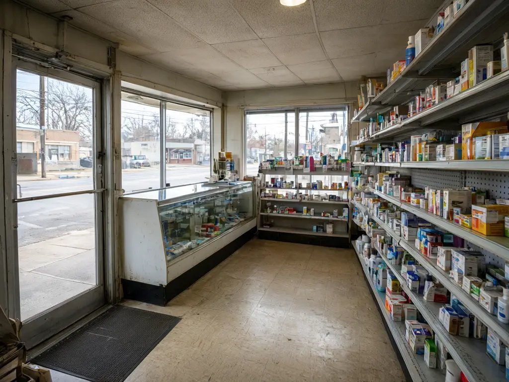 Pharmacy interior design result: dated corner drugstore refitted with light oak shelving with warm LED strips, sage green walls, a curved oak counter and a small seating corner, windows and door kept before AI redesign