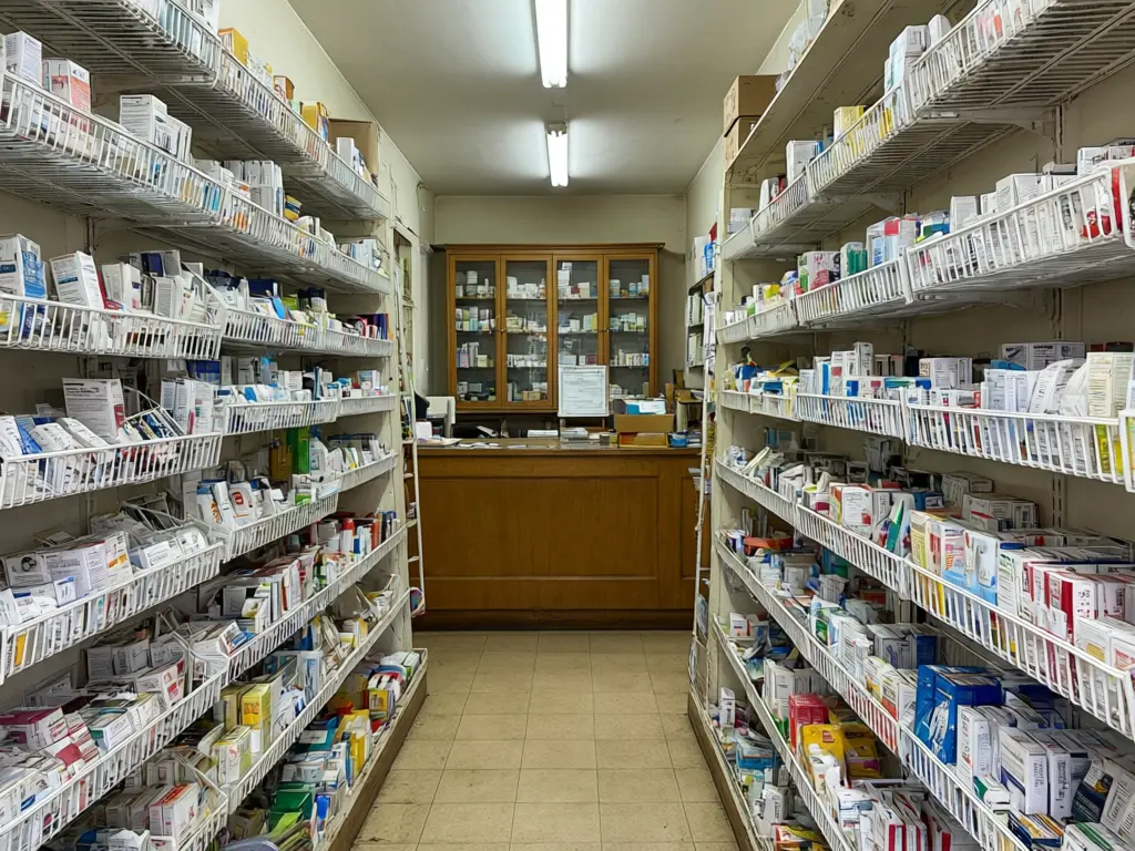 Pharmacy refit visualizer result: narrow chemist shop with wire racks refitted with glossy white LED lit shelving, a grey polished floor, a white and oak counter and a green cross sign before AI redesign