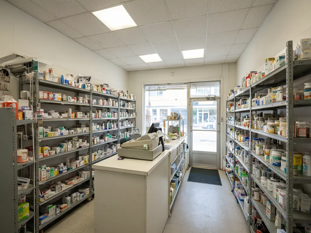 Pharmacy and skincare store design result: plain pharmacy with metal racks refitted with white and blush pink backlit shelving with brass edges, a marble counter and a cream marble floor before AI redesign