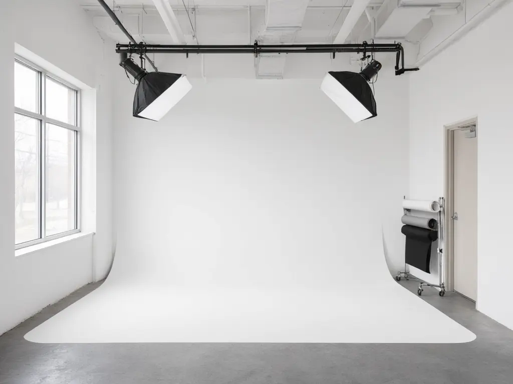 Photography studio design result: empty commercial unit with a concrete floor fitted out with a curved white cyclorama wall, a ceiling track rail with two softboxes and a rack of paper backdrops, same window and door after AI redesign