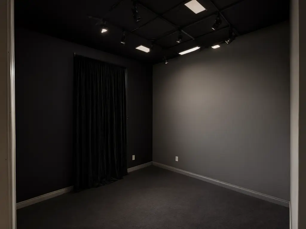 Home photography studio design result: plain grey spare room turned into a moody dark studio with black walls and ceiling, a grey backdrop wall, black velvet curtains, a ceiling track with spotlights and a dark floor after AI redesign