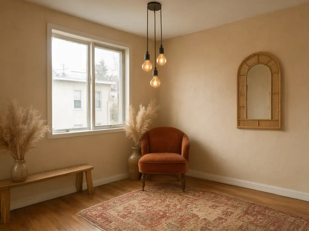 Photo studio set design result: empty cream room with a wood floor styled as a boho vintage set with a rattan arched mirror, a rust velvet armchair, pampas grass, a wood bench, a patterned rug and hanging bulbs after AI redesign