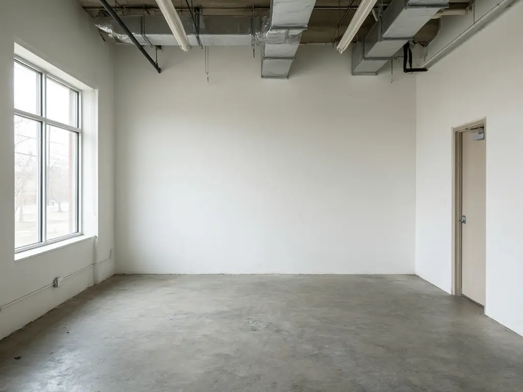 Photography studio design result: empty commercial unit with a concrete floor fitted out with a curved white cyclorama wall, a ceiling track rail with two softboxes and a rack of paper backdrops, same window and door before AI redesign