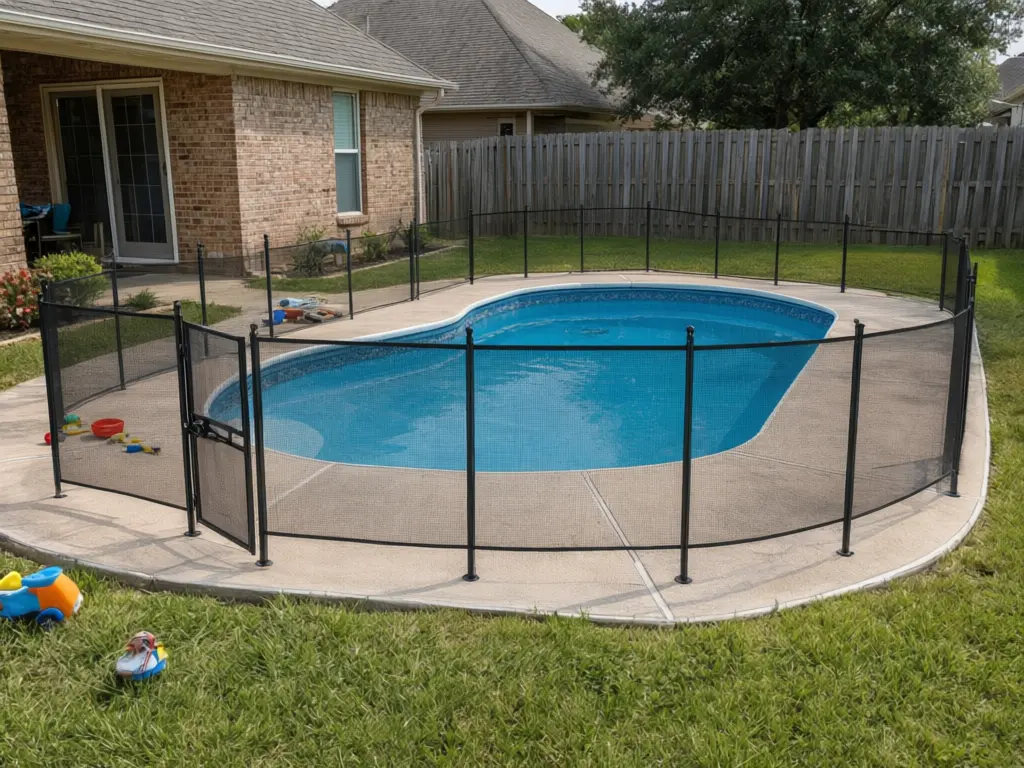 Pool fence visualizer result: removable black mesh pool safety fence about 4 feet tall around the pool deck with a self-closing gate after AI redesign