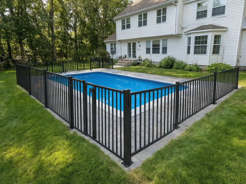 Pool fence visualizer result: matte black flat-top aluminium picket fence around an inground pool with one self-closing gate after AI redesign
