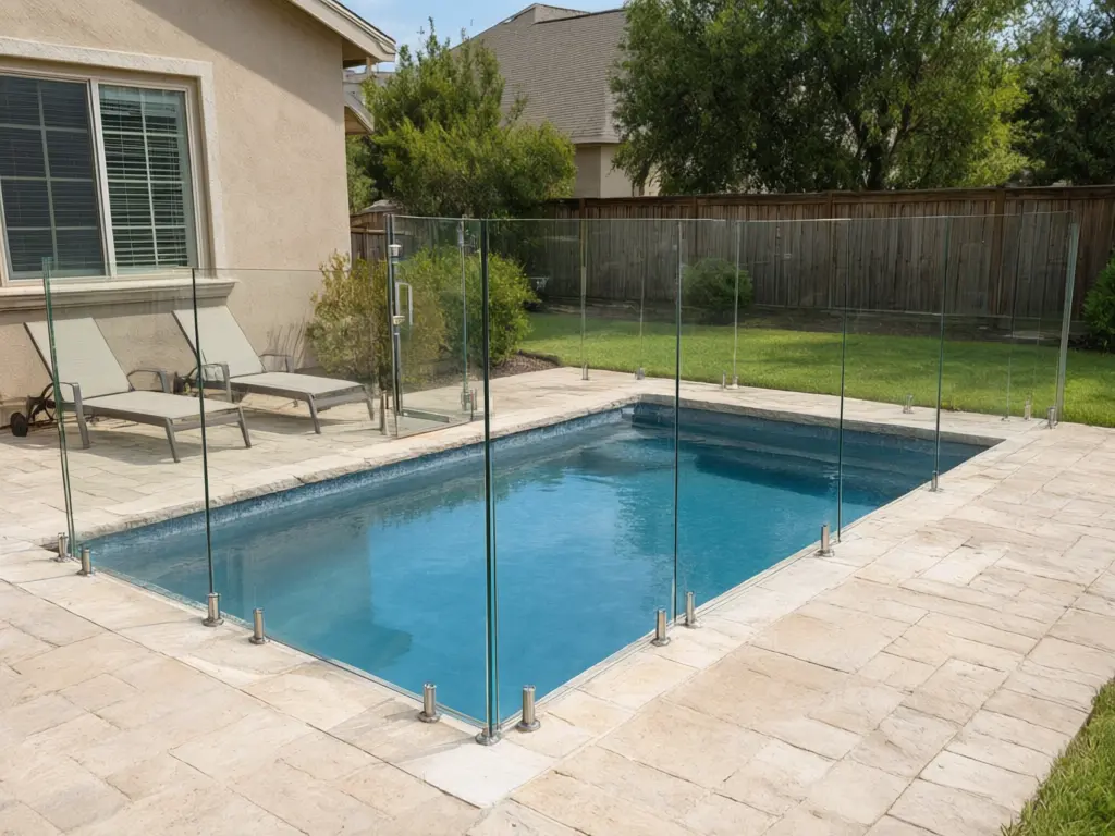 Glass pool fence visualizer result: frameless glass panels on small stainless steel spigots around the pool, the water and yard showing through after AI redesign