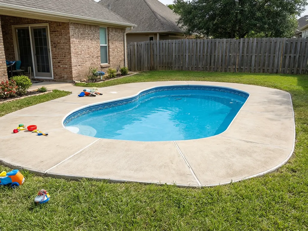 Pool fence visualizer result: removable black mesh pool safety fence about 4 feet tall around the pool deck with a self-closing gate before AI redesign